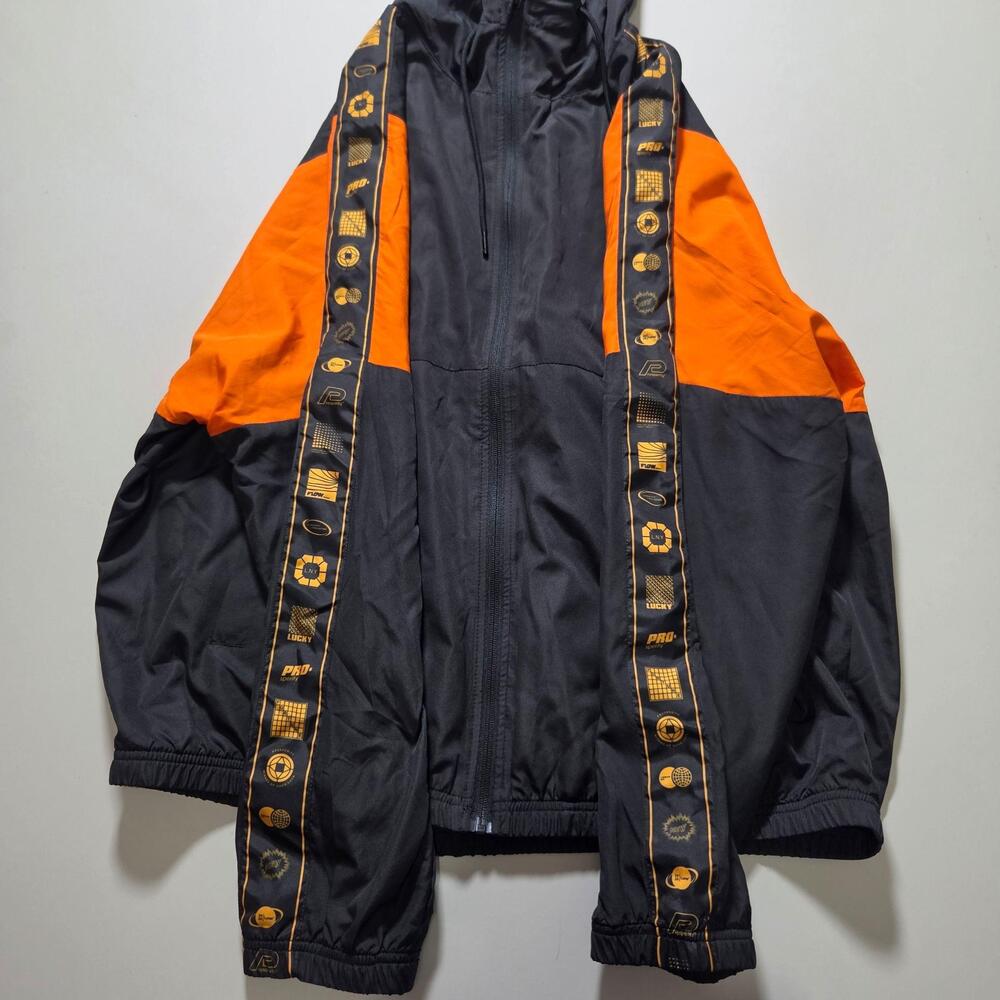 H&M Jacket Mens Large Black Orange Hooded Windbreaker Sport Icons Mesh Athletic
